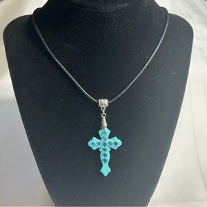 Turquoise Cross Pendant Necklace Rhinestone Accents Black Leather Cord